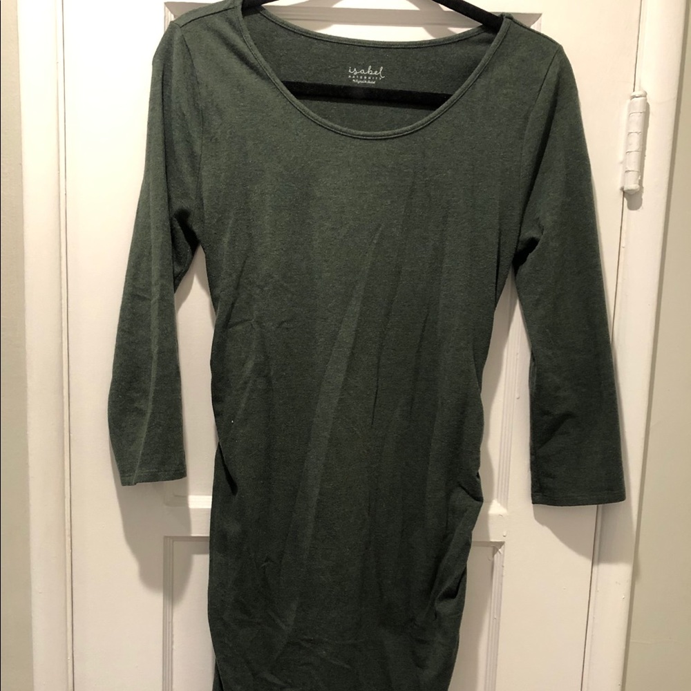 Fitted, rouched, green maternity dress.